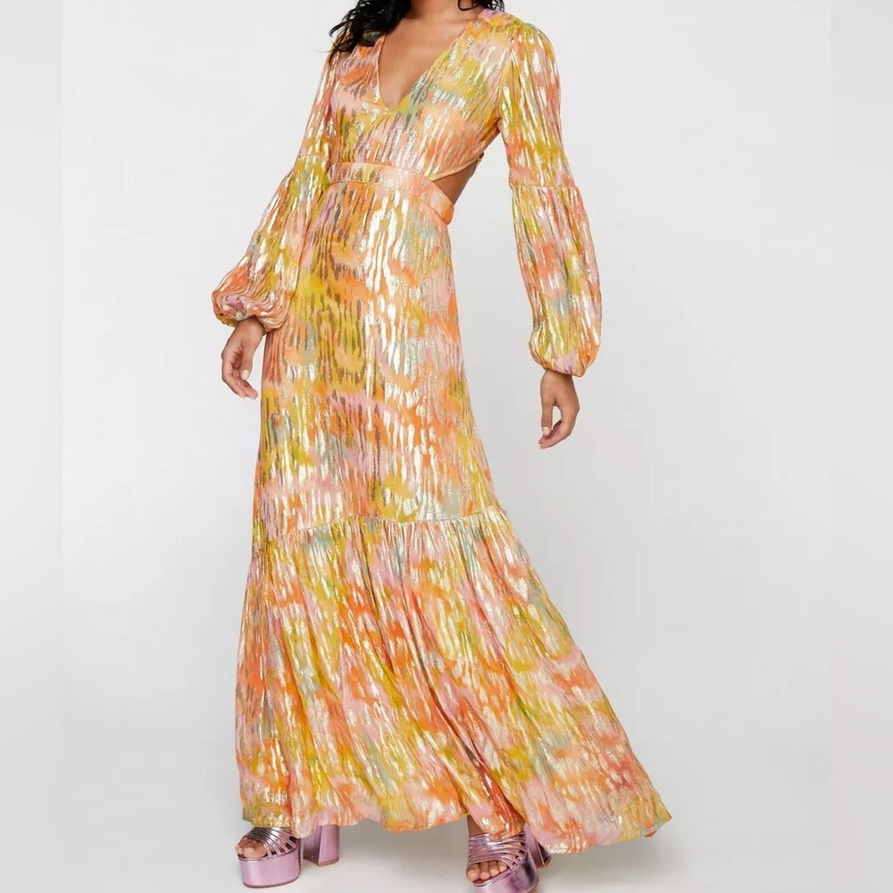 Nasty Gal Metallic Blurred Floral Open Back Maxi Dress size 10